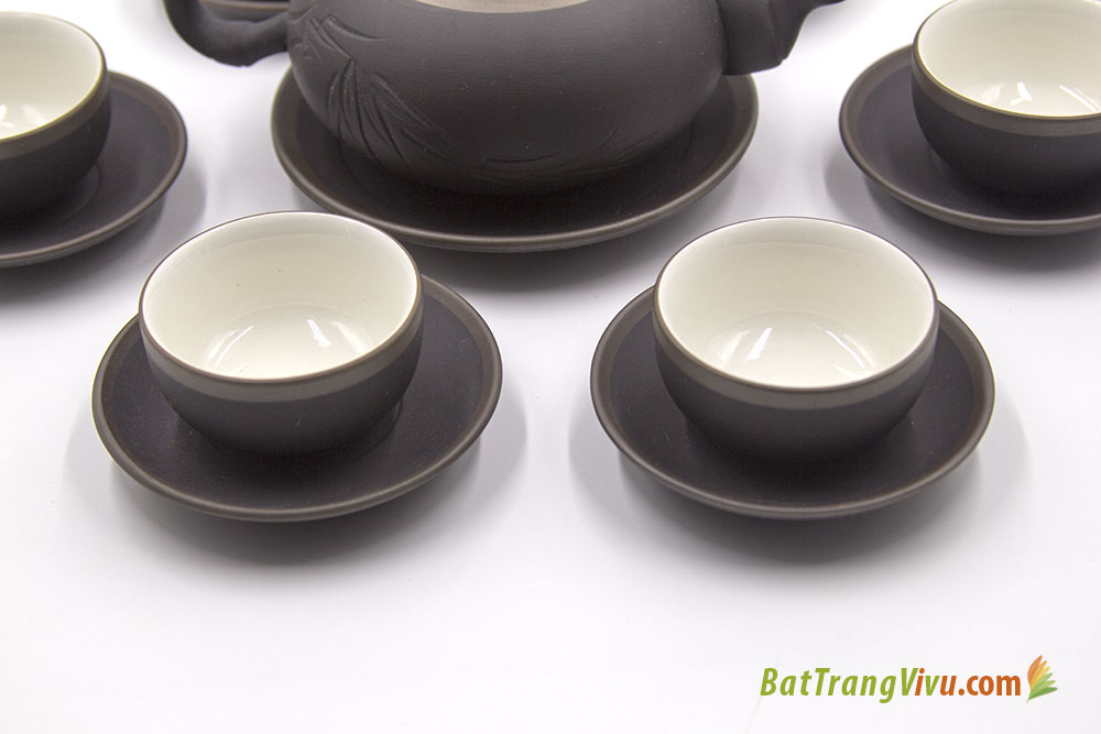 Bộ ấm chén gốm Bát Tràng trúc đào chỉ bạc lòng trắng3