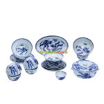 Bộ bát đĩa Bát Tràng vẽ Phượng – men lam cổ